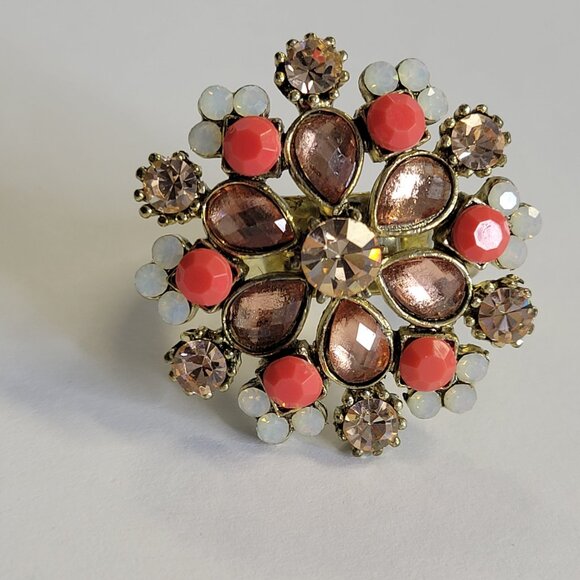 Coral and White Flower Ring,Crystal Floral Ring, Adjustable Flower Ring - Picture 14 of 14
